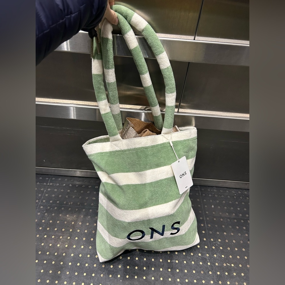 ONS Green and White Striped Terrycloth Tote Bag NWT